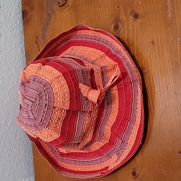 COLD WATER CREEK WOMEN'S WIDE BRIM SUN HAT ORANGE/RED RIBBON PACKABLE BEACH - Picture 4 of 7